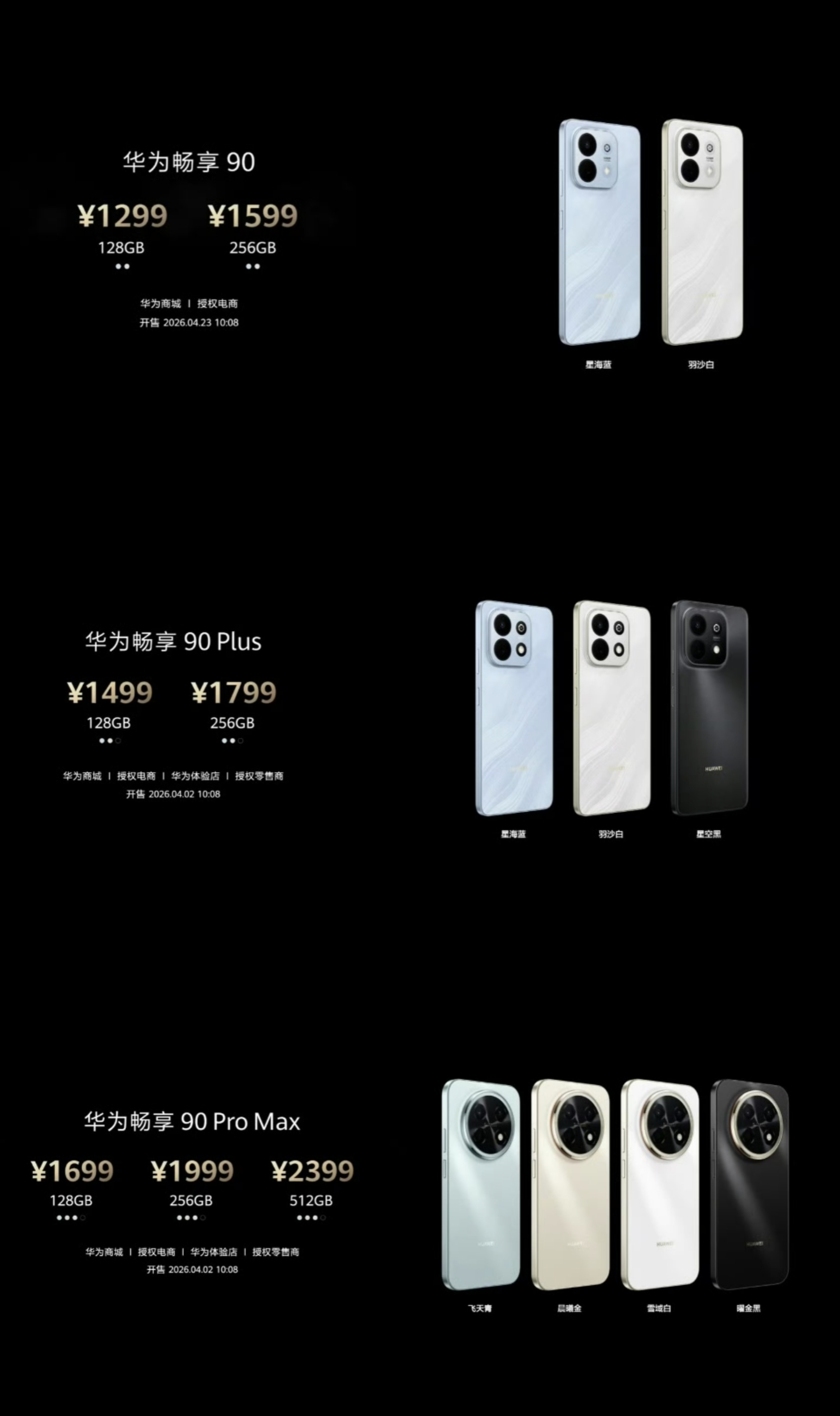 睡之前再补一个畅享90系列三款手机的参数/区别，正如大嘴所说，华为手机全系全面回