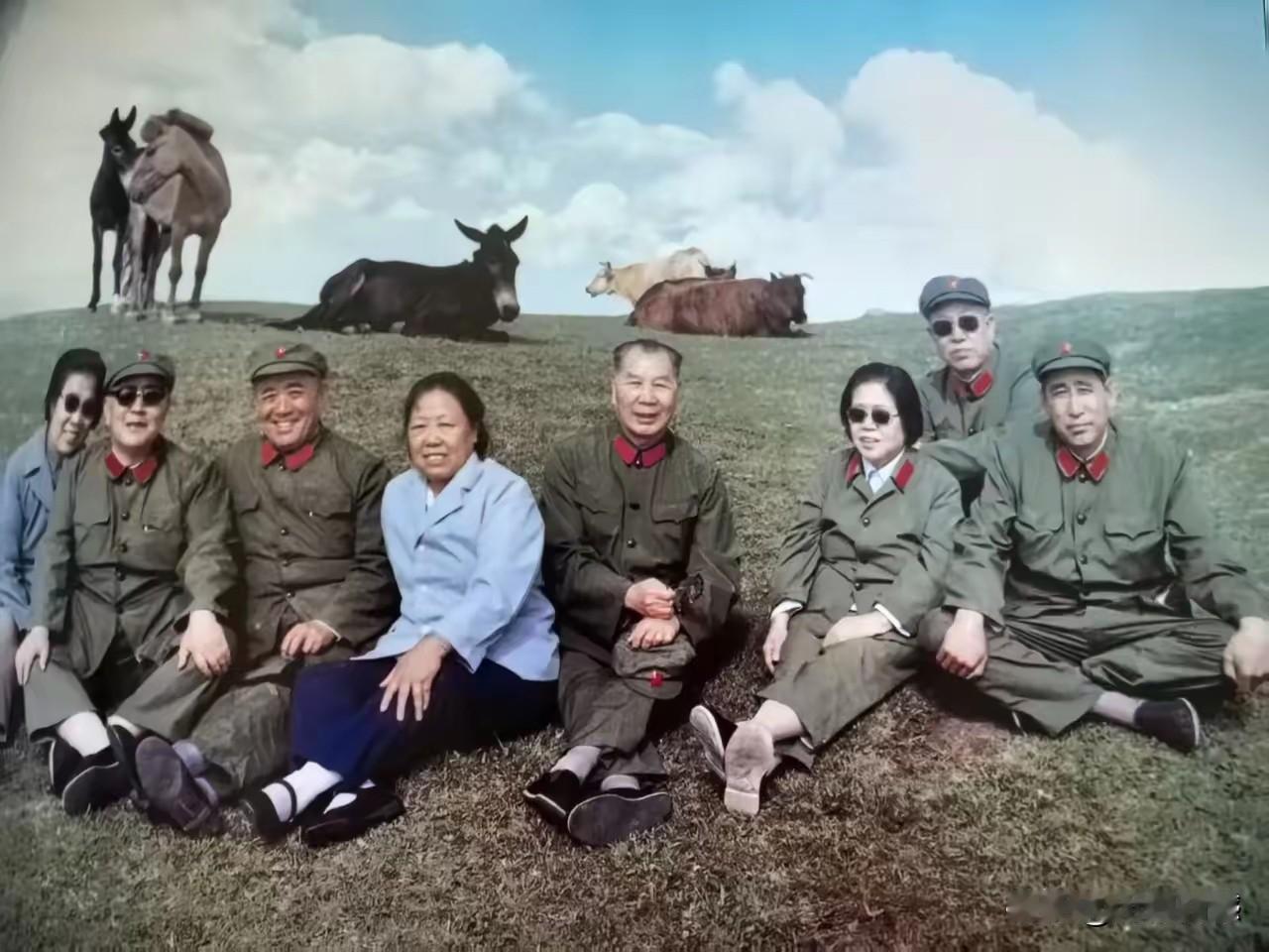 这张老照片非常的自然，非常的接地气，有一种田园牧歌的氛围，大家随便的坐在草地上，