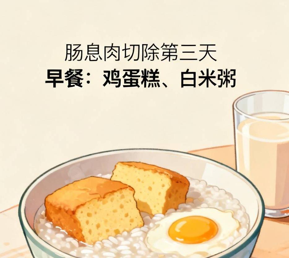 肠息肉切除第三天，一个0.6的息肉，今早上吃了鸡蛋糕，白米粥第一天，早餐午餐