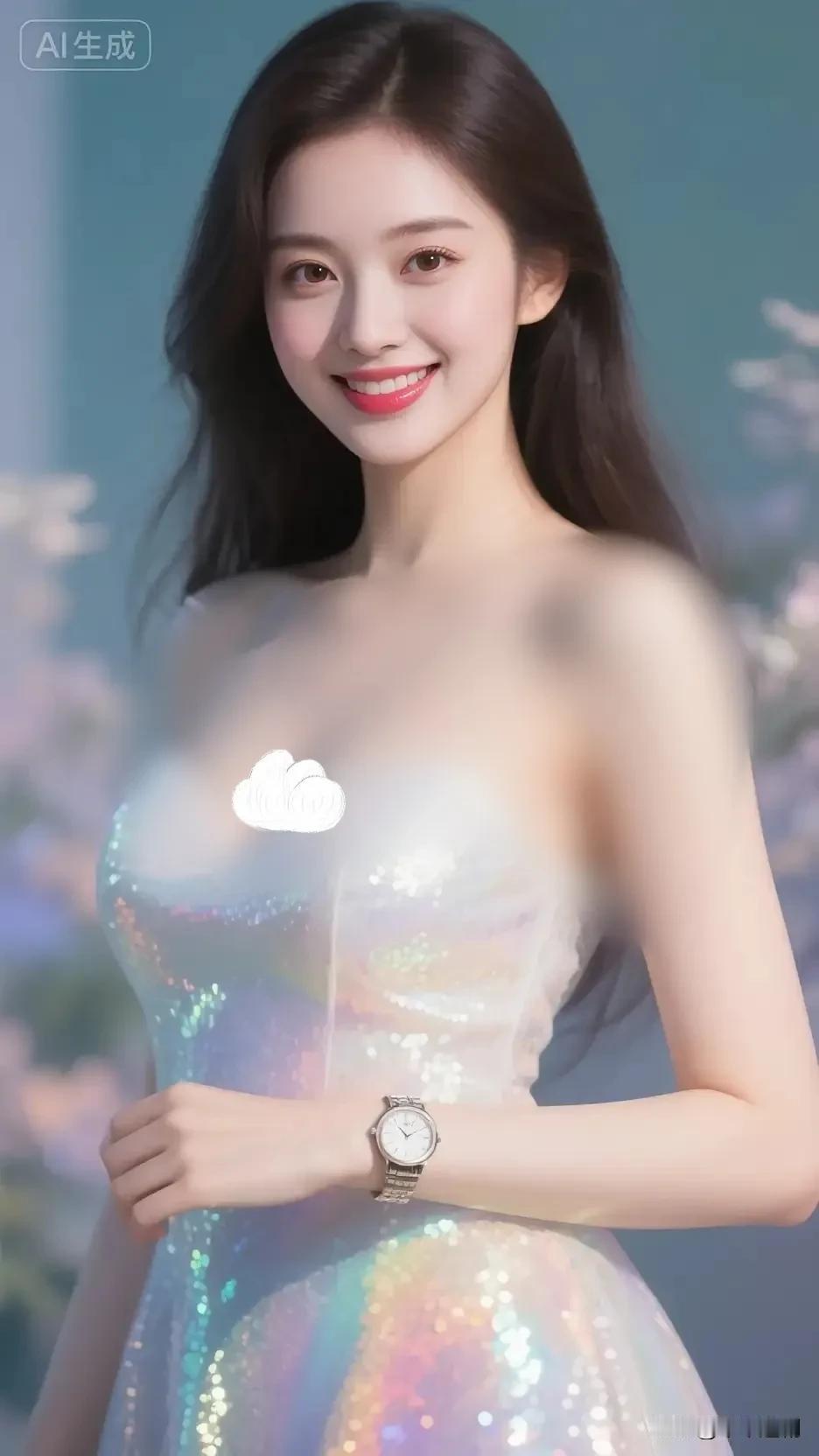 裙身碎钻裹着彩虹色的光，腕间腕表衬得笑意更甜。连空气都浸了点软乎乎的亮，像把星河
