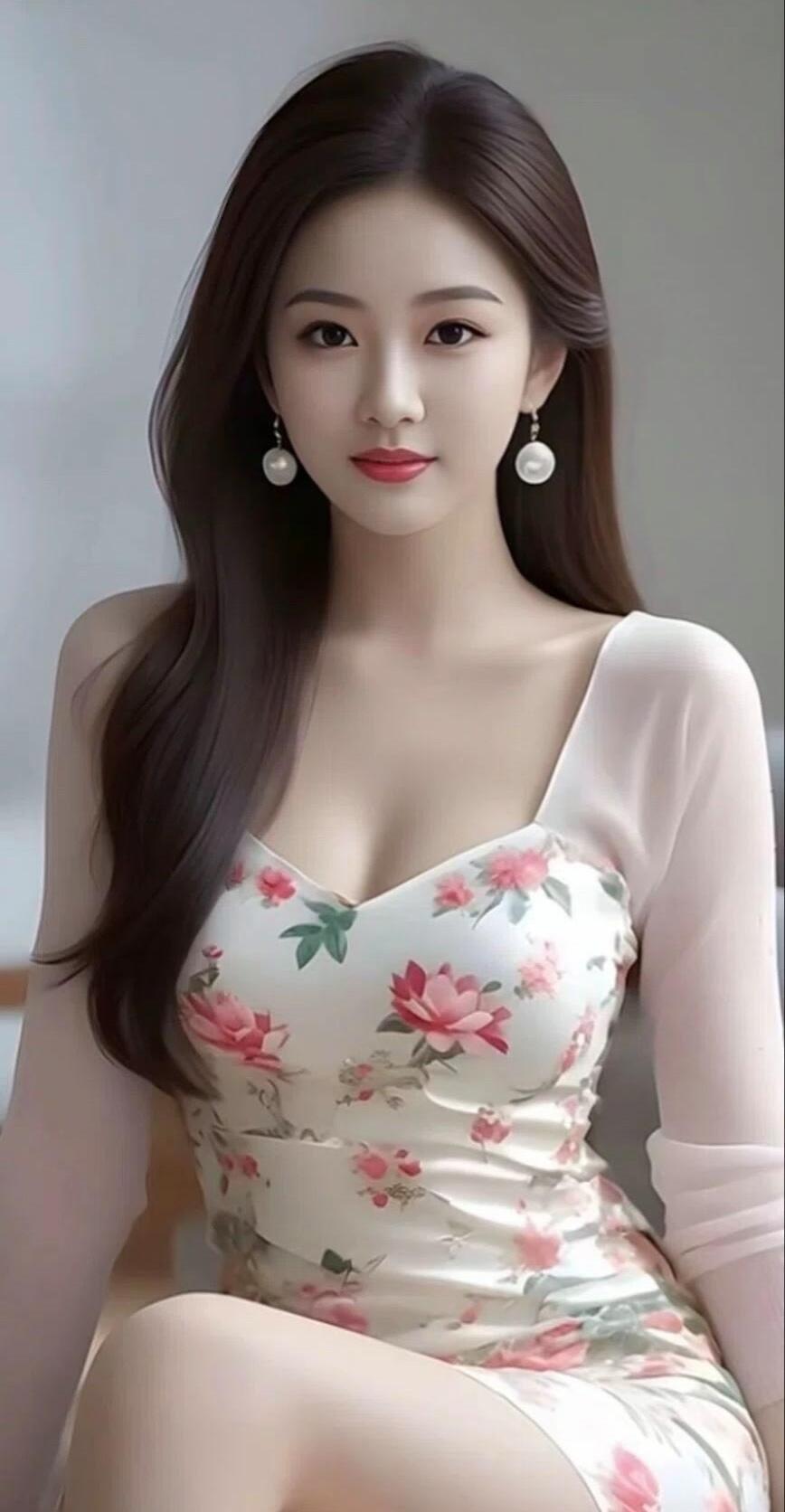 温柔甜美的少女，粉色花朵连衣裙，优雅动人。