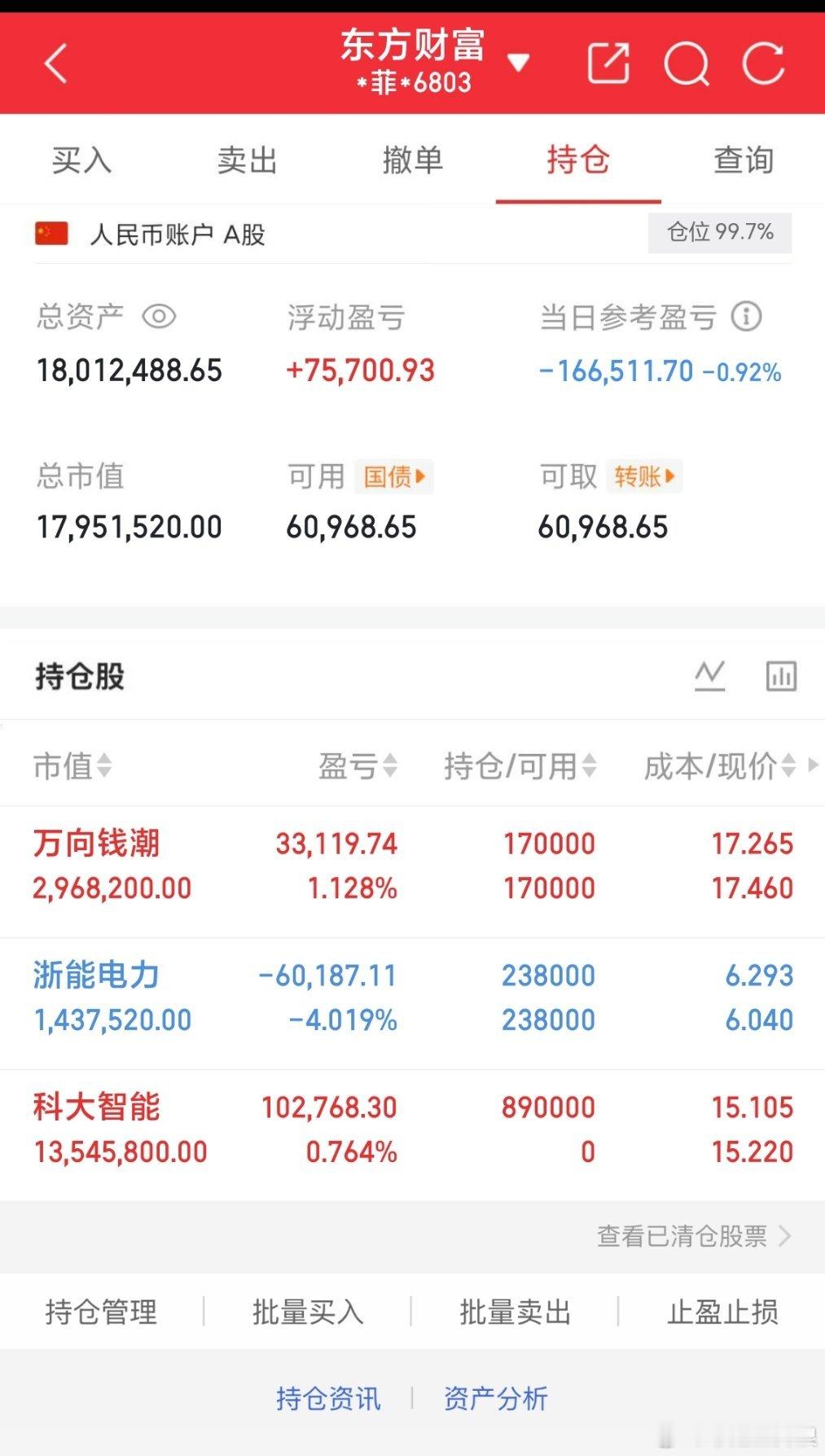 持仓简要分析1. 整体仓位：满仓99.7%，总市值约1801万，当日小幅回撤0.