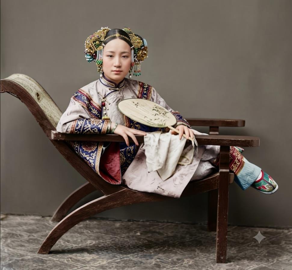 1898年，一张晚清青楼女子的肖像，她面容姣好，倚靠在西式躺椅上，眼神中却透着一