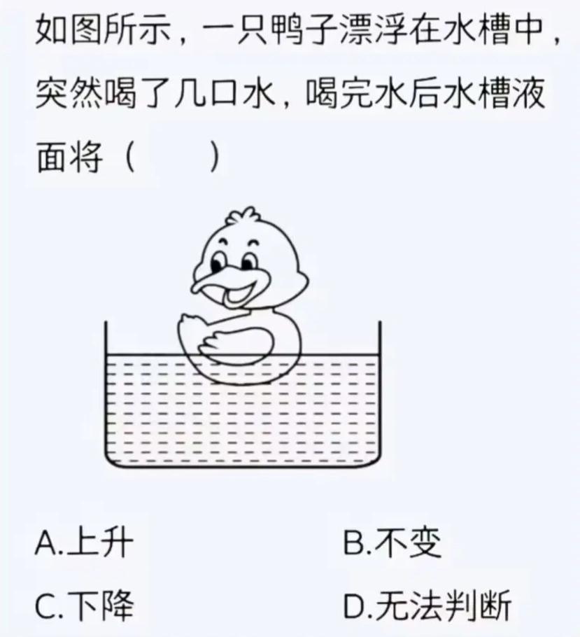 考考你的物理好不好。如图所示，一只鸭子漂浮在水槽中，突然喝了几口水，喝完水后水槽