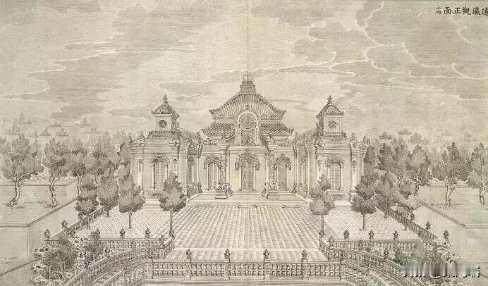 这是圆明园长春园西洋楼景区中的远瀛观正面历史原貌。该画作源自清代乾隆五十一年（1