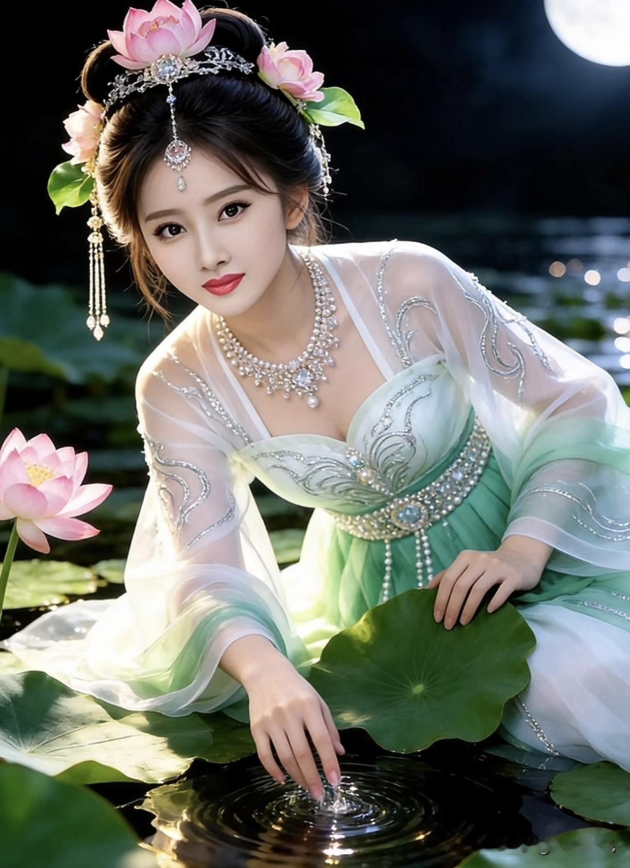 梦幻古风少女，月夜荷塘中翩翩起舞湖边白裙少女绿裙花漾少女国风唯美少女绿裙花