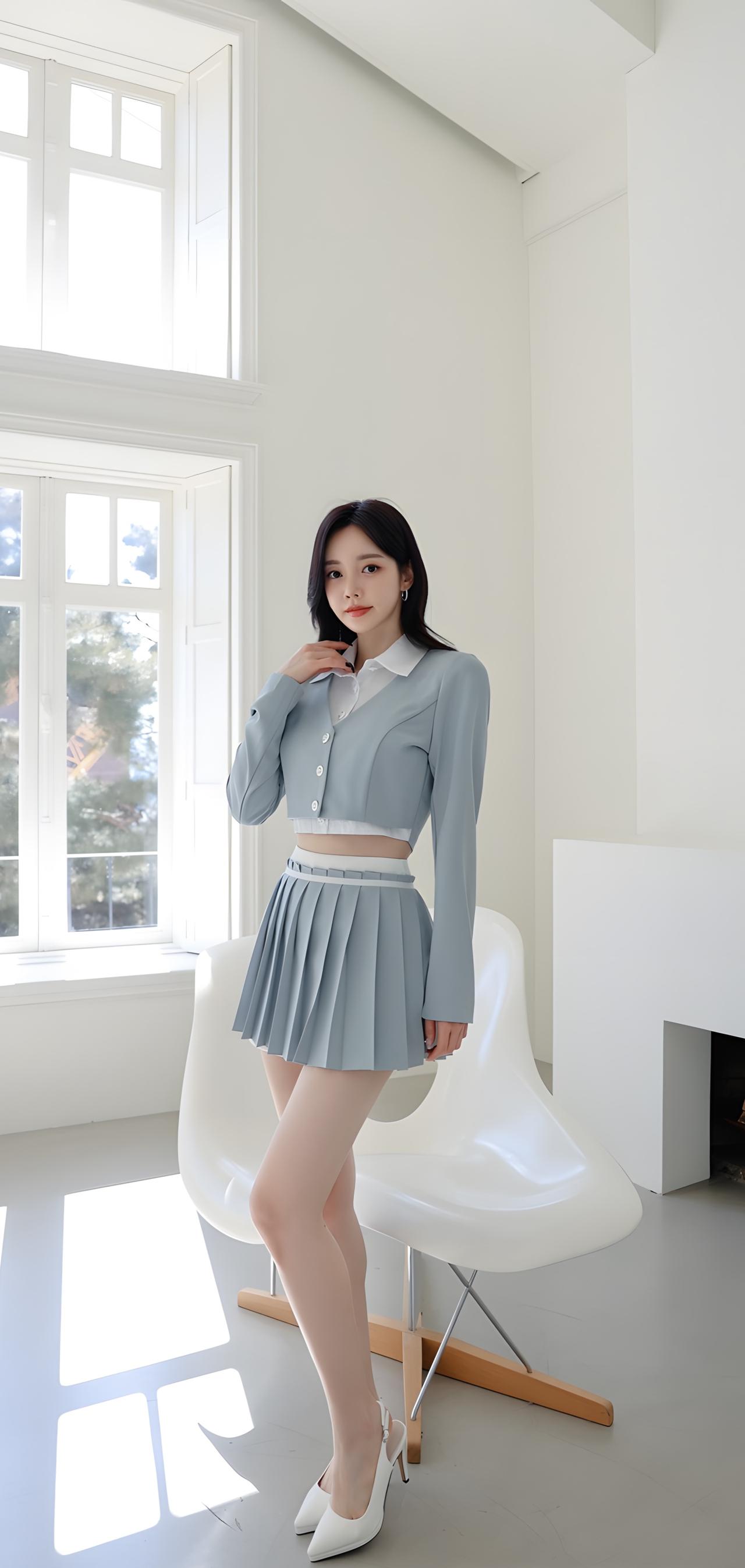 清新少女风穿搭，浅蓝色套装搭配白色高跟鞋，简约优雅！💕