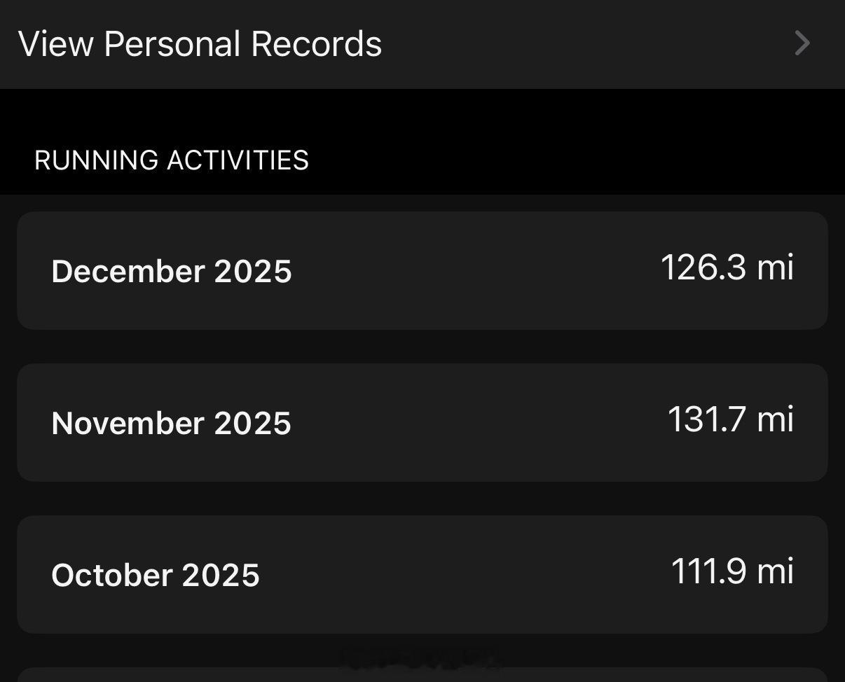 第四季度总计跑了595公里，就差5公里主要是出门旅行耽误了近两个星期。下周还有c