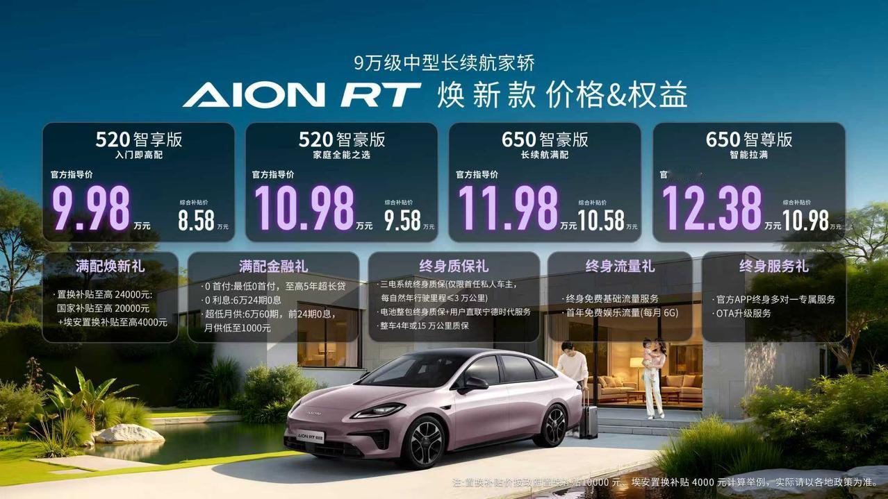 AIONRT焕新款来啦！补贴价8.58-10.98万，还有5重权益，2个续航版
