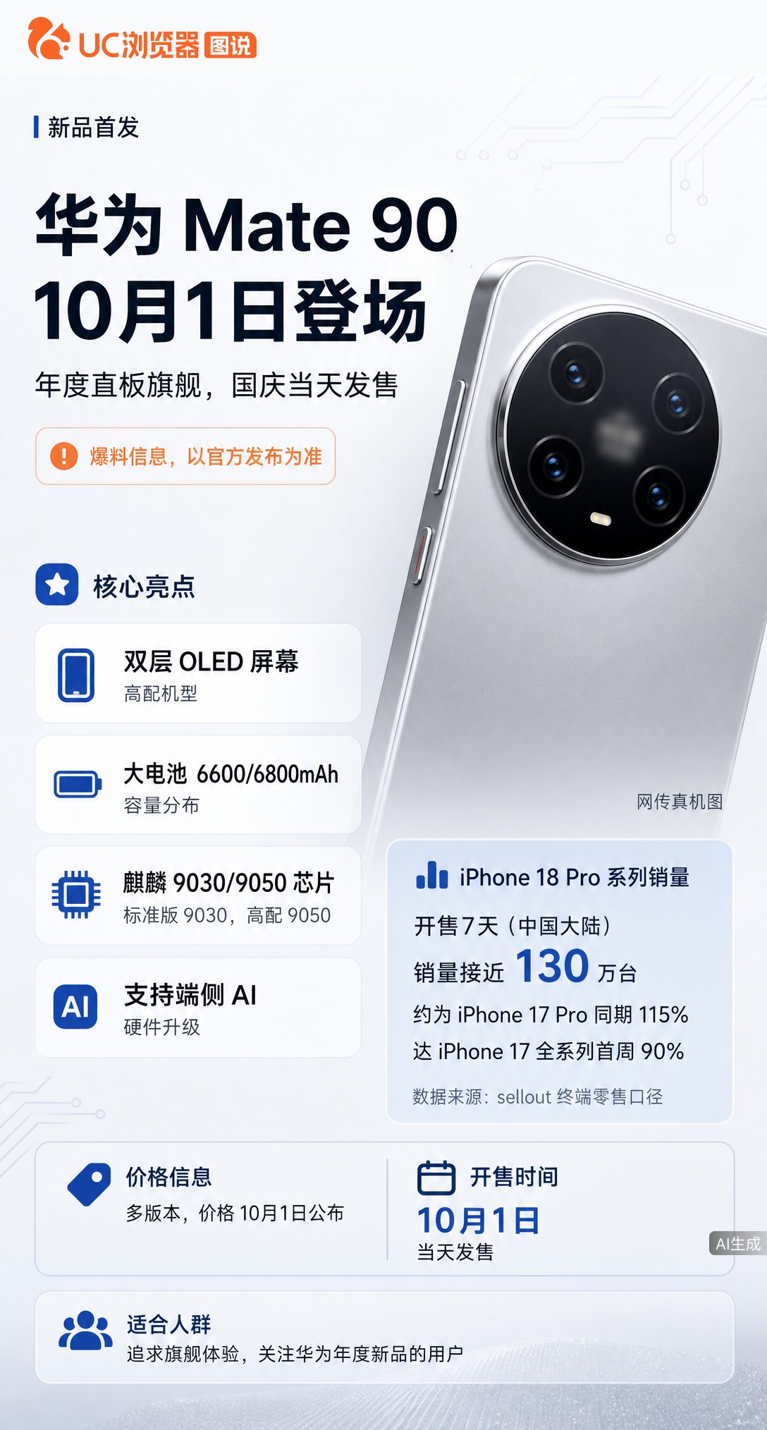 华为Mate90确认10月1日发售，成今年最后登场的直板旗舰。在同行普涨千元、iPhone18Pro