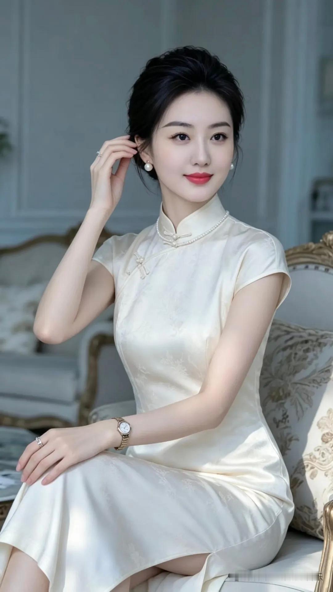 这位女士穿着旗袍，坐在沙发上。