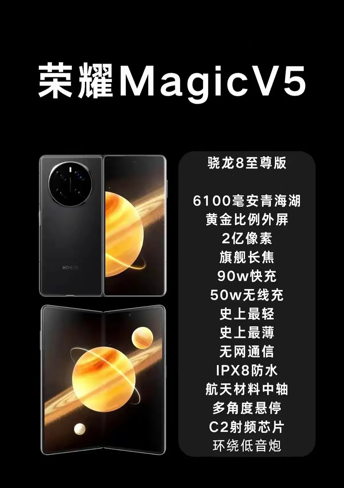 这就是荣耀MagicV5？荣耀MagicV5配备了骁龙8E处理器，北斗卫星通信，6000以上mAh大