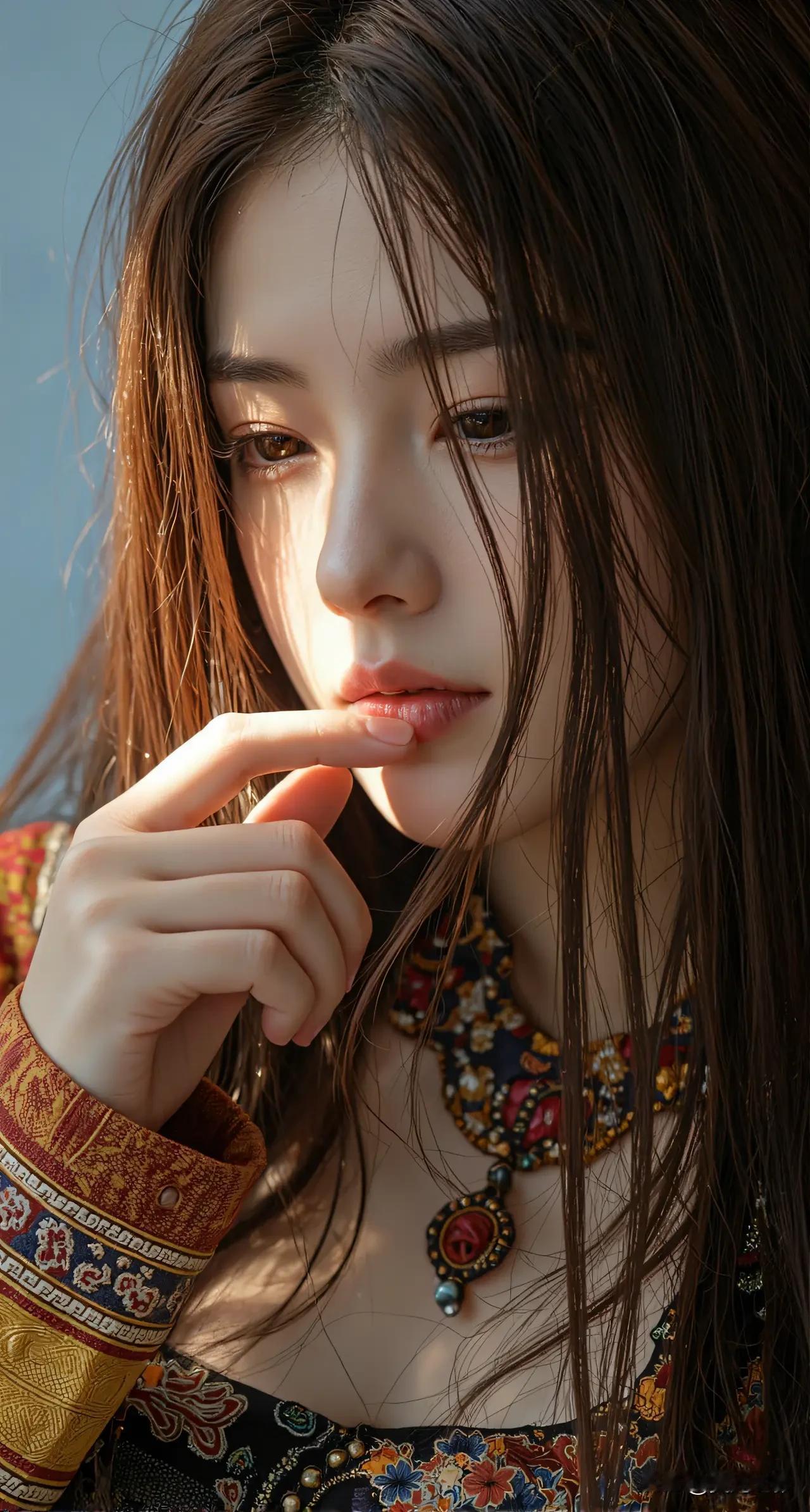 光之影沉思的少女，精致的妆容与华丽的服饰相得益彰，仿佛置身于古代宫廷。