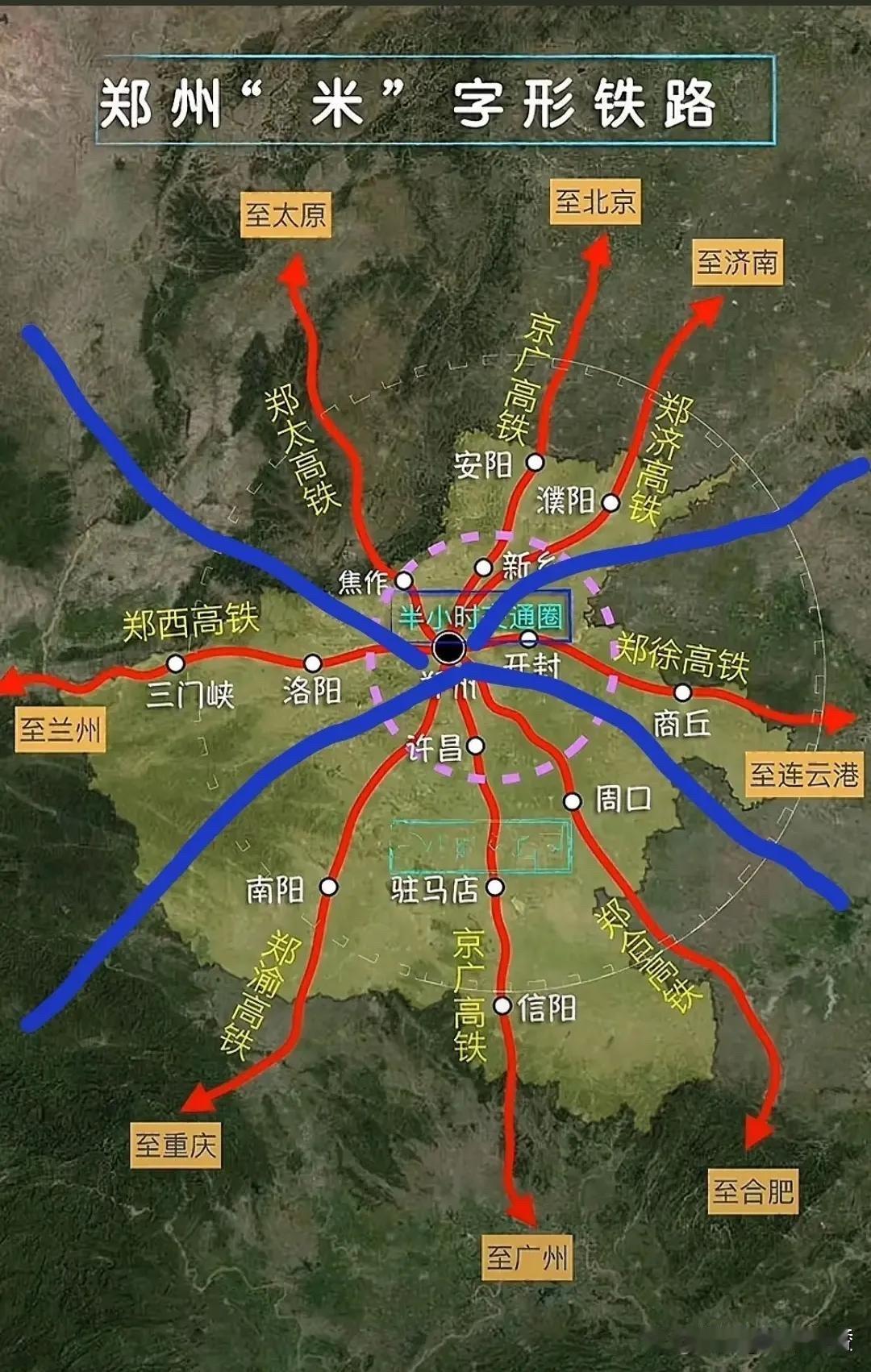 郑州处在我国中心，是我国唯一建成米字型高铁的中心城市！郑州也是我国唯一有高铁通往