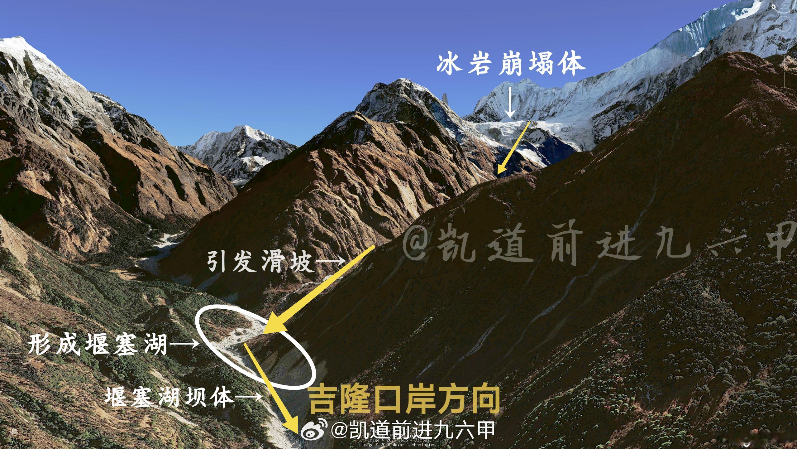 官方公布的航拍画面已经比较清晰地拍到了引发本次毁灭性泥石流的冰岩崩发源地，可见山