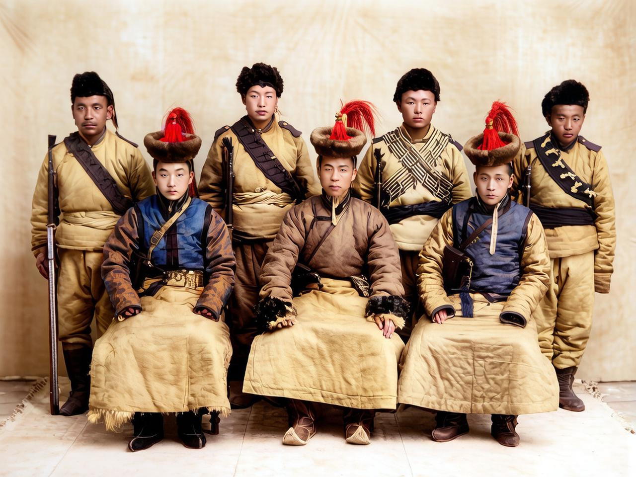 1900年，三个蒙古王爷和几名亲兵的合影。坐在前面的王爷戴着有红缨的暖帽，腰里别