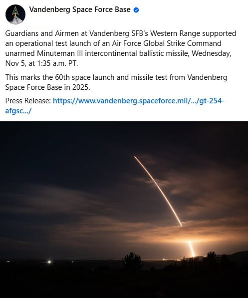 突发：美国发射了一枚洲际核导弹。太平洋时间11月5日星期三凌晨1:35，美国空军