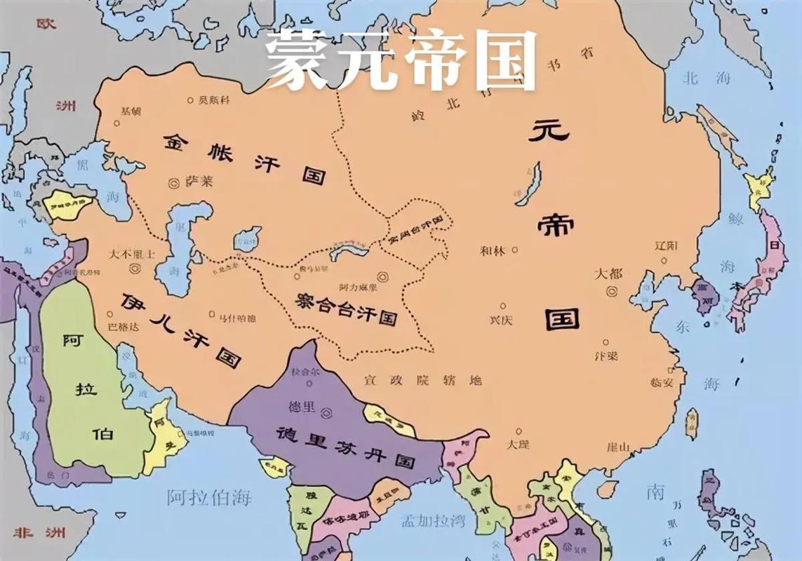 曾经的蒙古帝国最后解体变成如下国家：1、蒙古国。2、中国。3、朝鲜。4、韩国。5、哈萨克斯坦。6、土