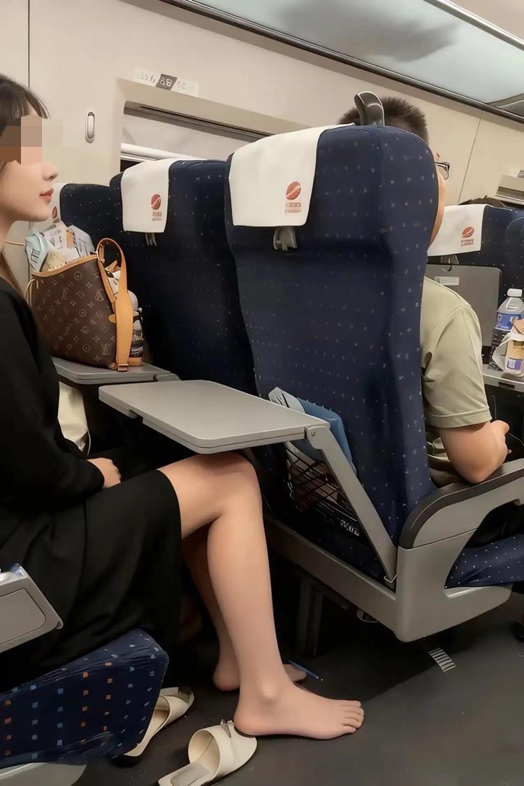 同样是高铁脱鞋，这美女才算做对了！穿凉拖大方得体，长途累了就光脚踩地板，没往小桌