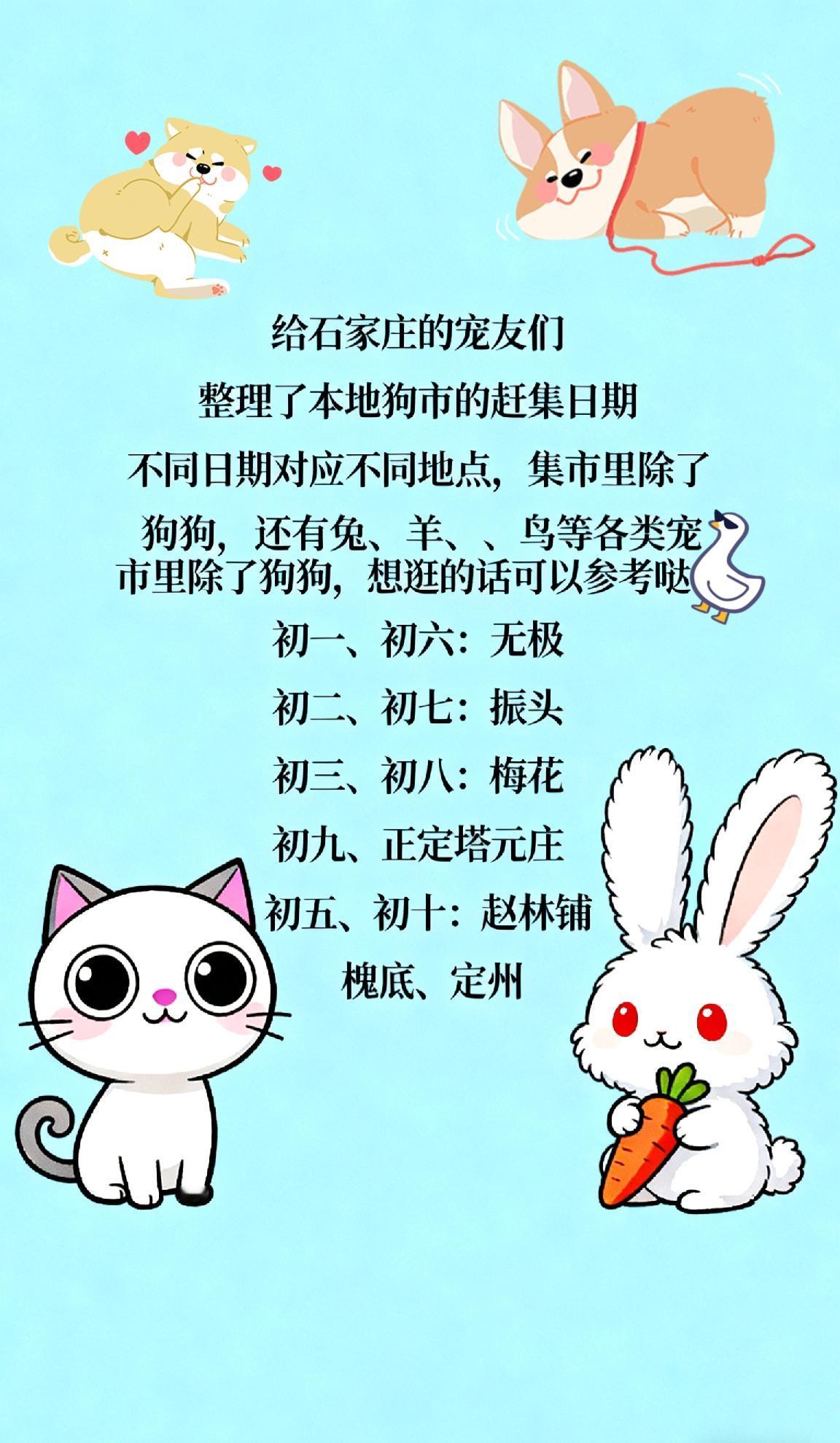 石家庄狗市赶集日期汇总给石家庄的宠友们整理了本地狗市的赶集日期，不同日期对