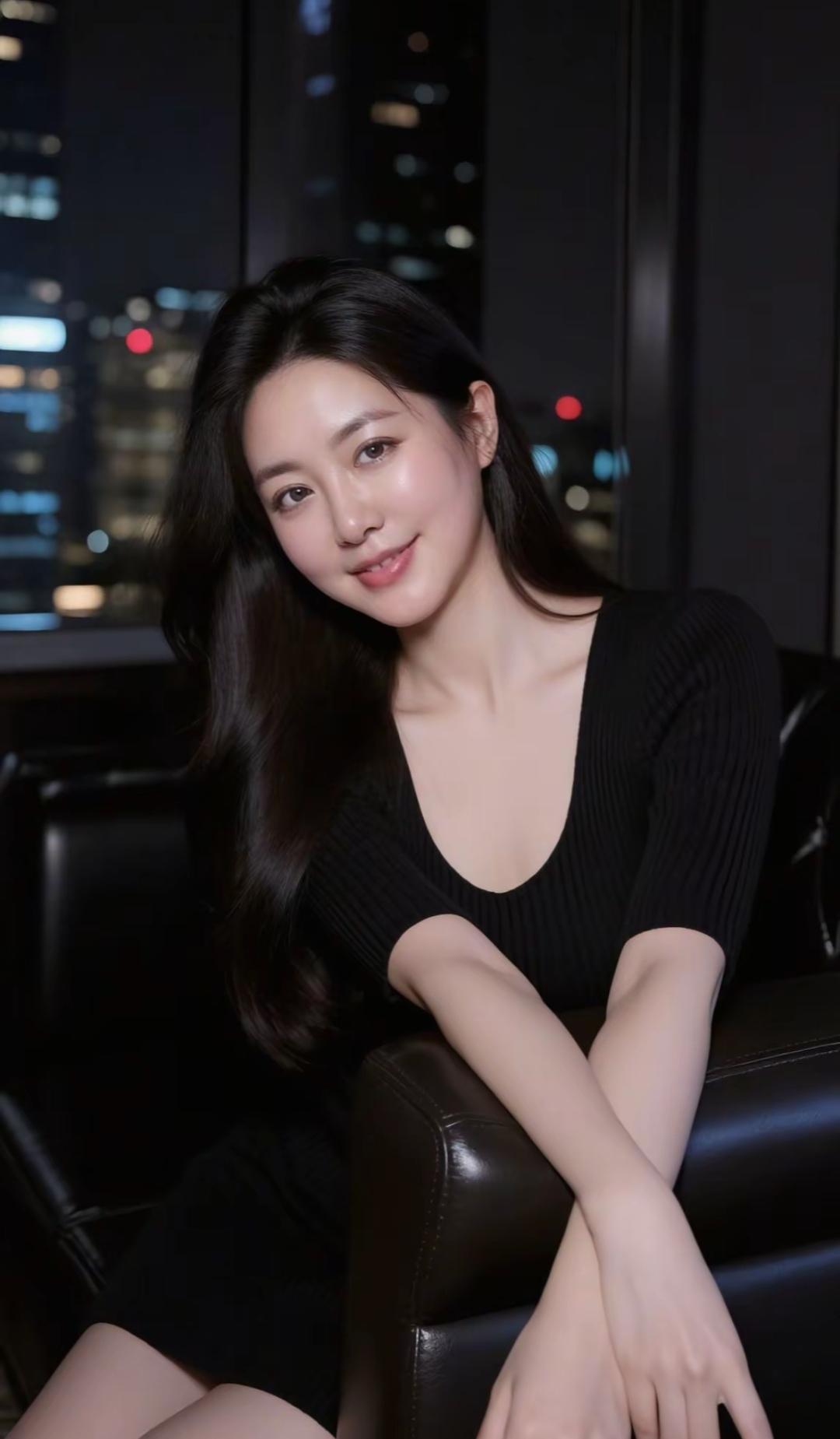 都市夜景下的优雅女神，黑裙与灯光交相辉映，散发迷人魅力。