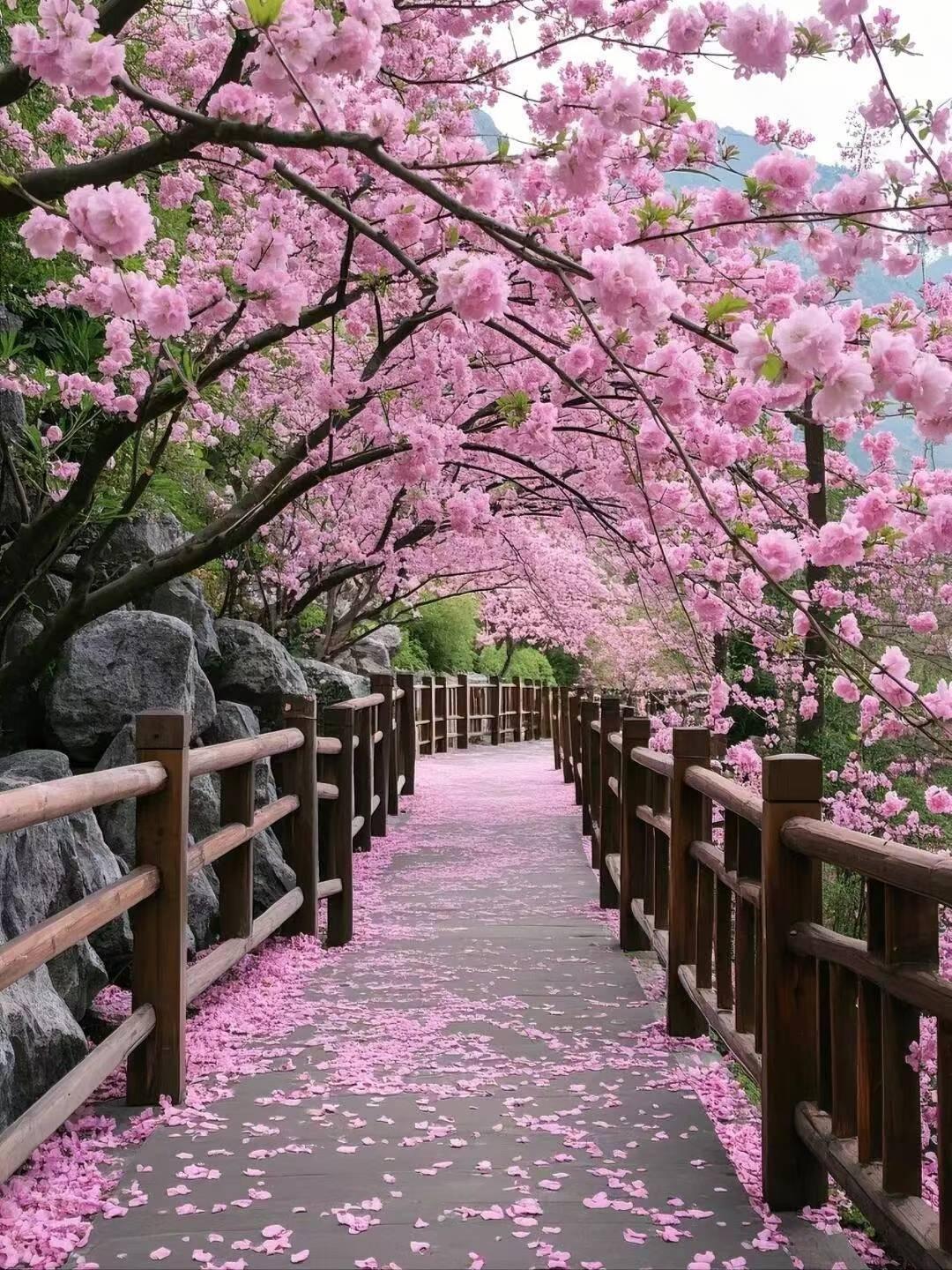 樱花隧道，浪漫漫步，粉色海洋，春意盎然。