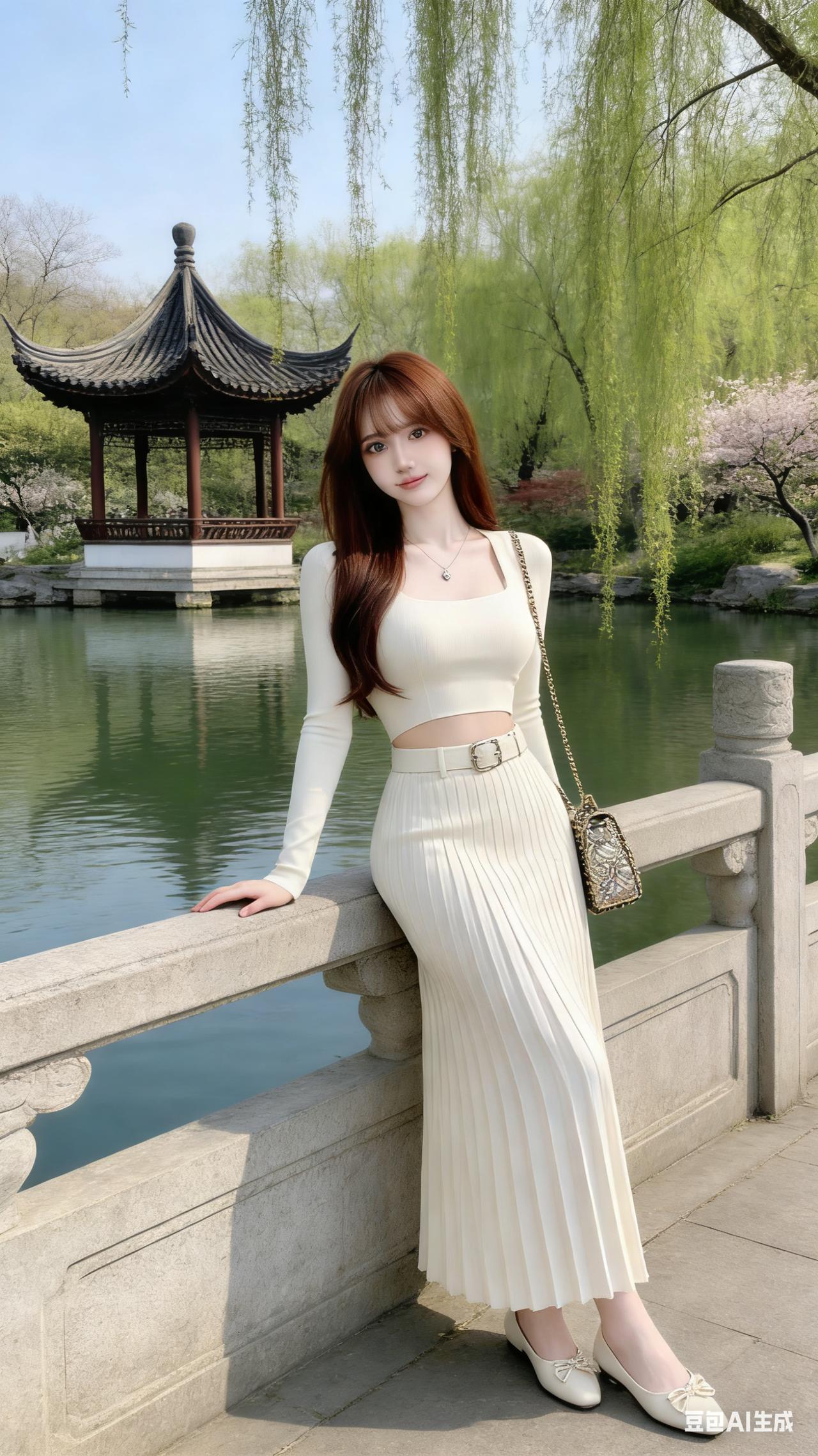 春日游园，白裙飘飘，古风亭台，悠然自得。美丽动人湖边白裙少女白衣漫步图