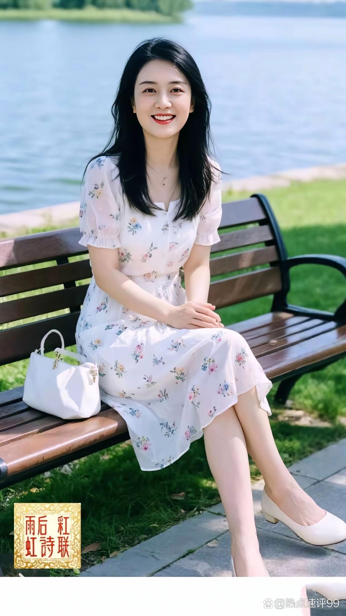 她坐在湖边长椅上，笑得很甜。
