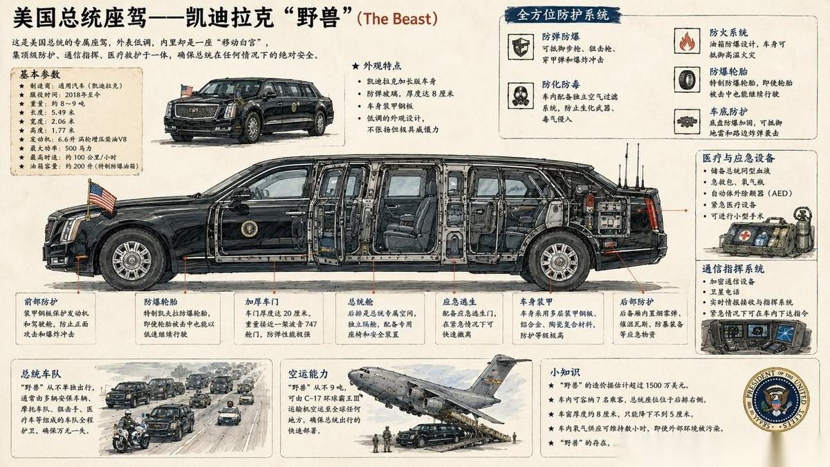 凯迪拉克“野兽”是美国总统的专用豪华装甲轿车，由通用汽车（GM）接下特勤局的单