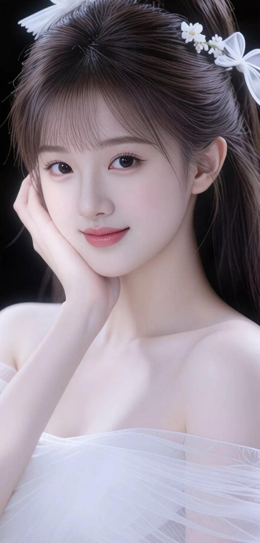 温柔甜美的少女，梦幻的白色纱裙，花饰点缀，宛如童话中的公主。