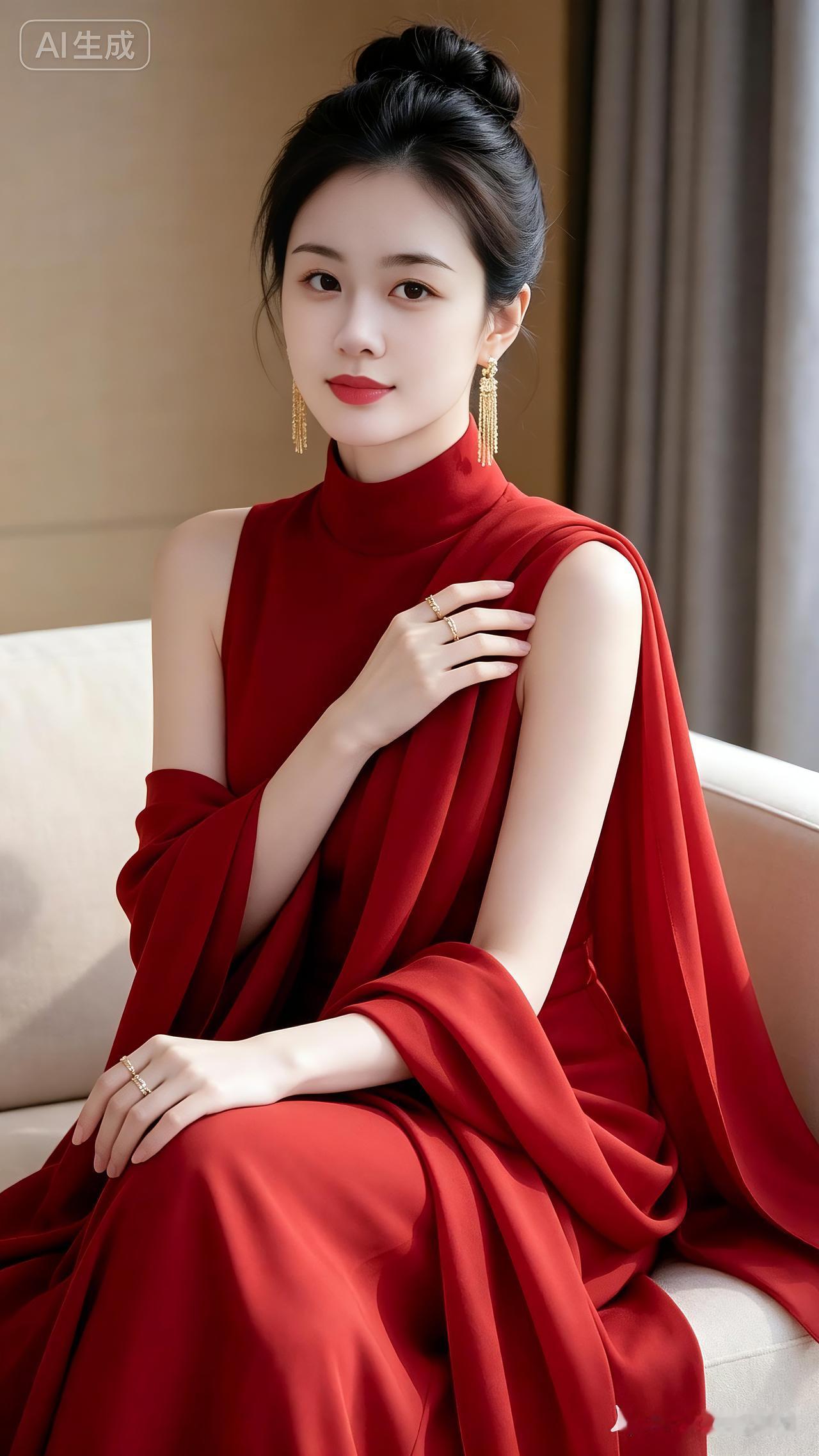 红妆雅韵高髻似云鬓如烟，一袭红衣映丽颜。金钗垂耳流光转，玉指轻抬仪态闲。