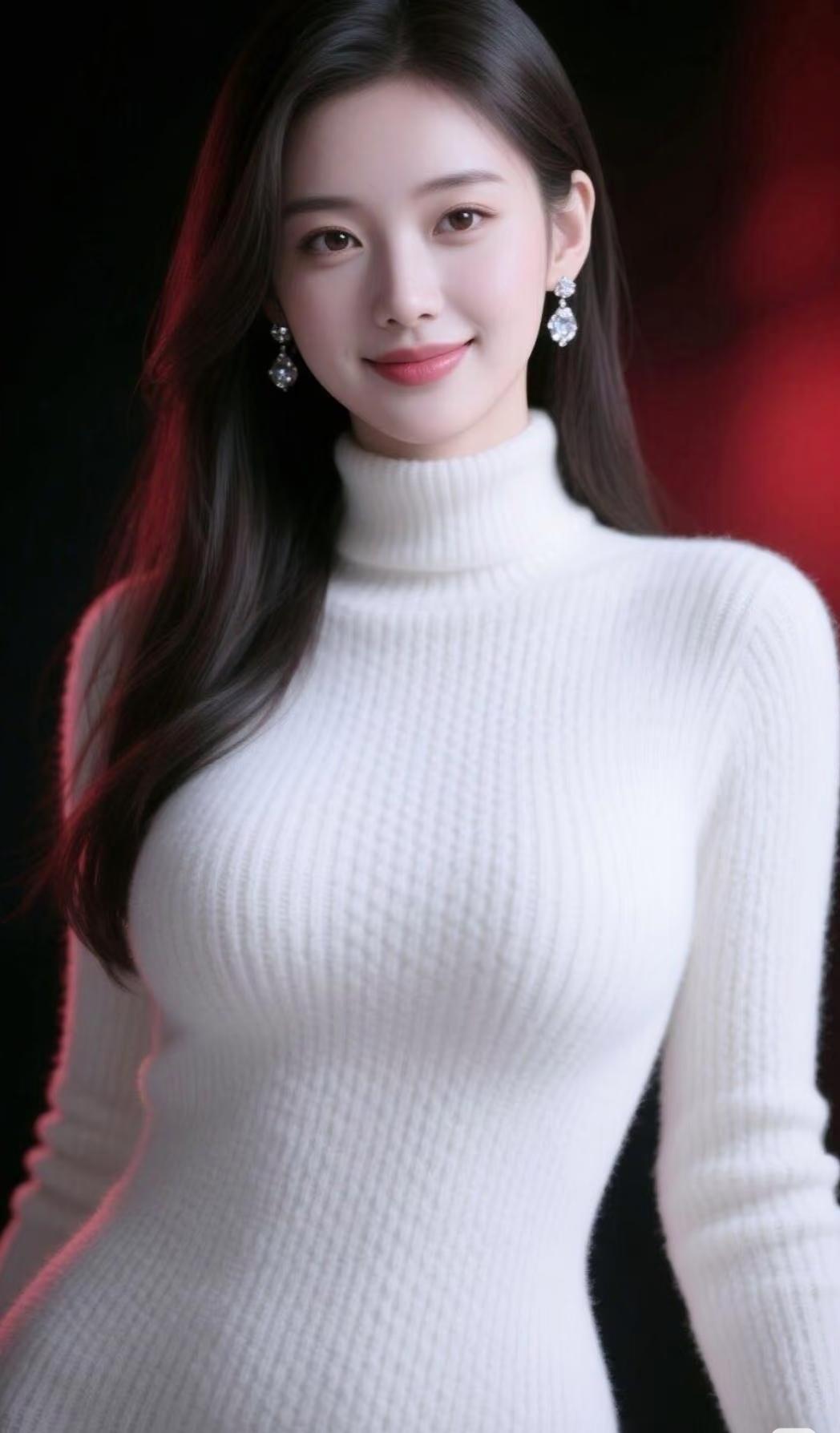温柔优雅，白色高领毛衣搭配闪亮耳环，尽显冬日暖意。🌟✨