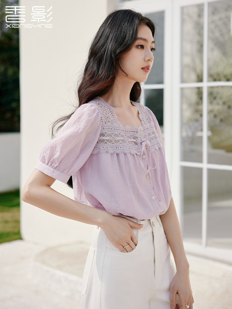 香影方领衬衫女短袖
