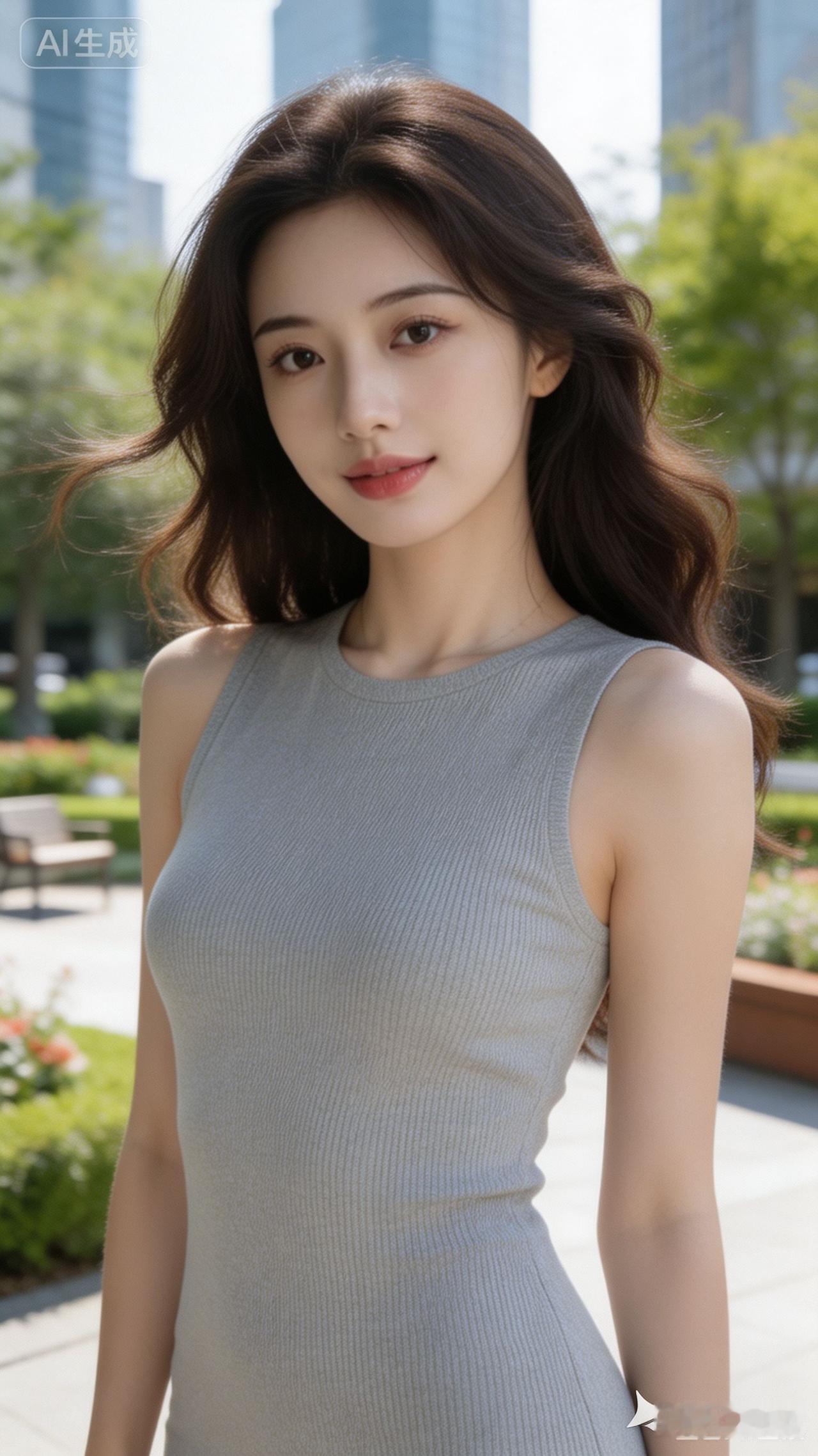 都市时尚女孩，灰色无袖连衣裙，阳光下的清新自然。