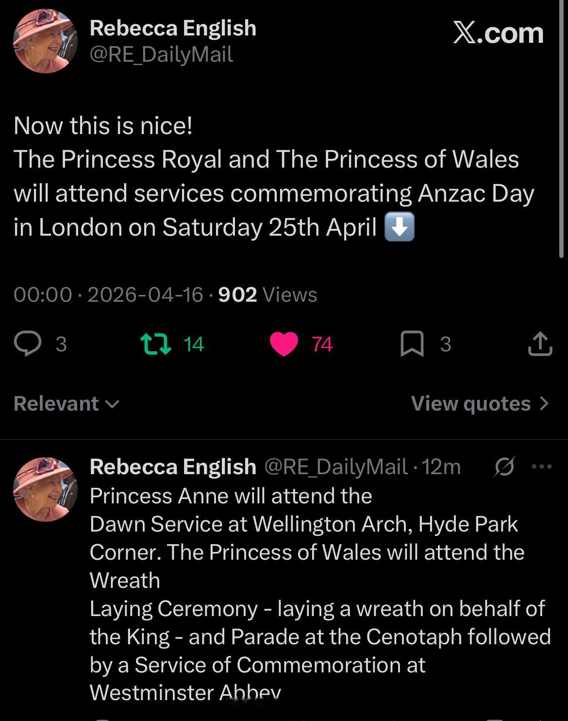 凯特王妃【预告】2026年4月25日，安妮长公主将会代表查尔斯三世在伦敦海德