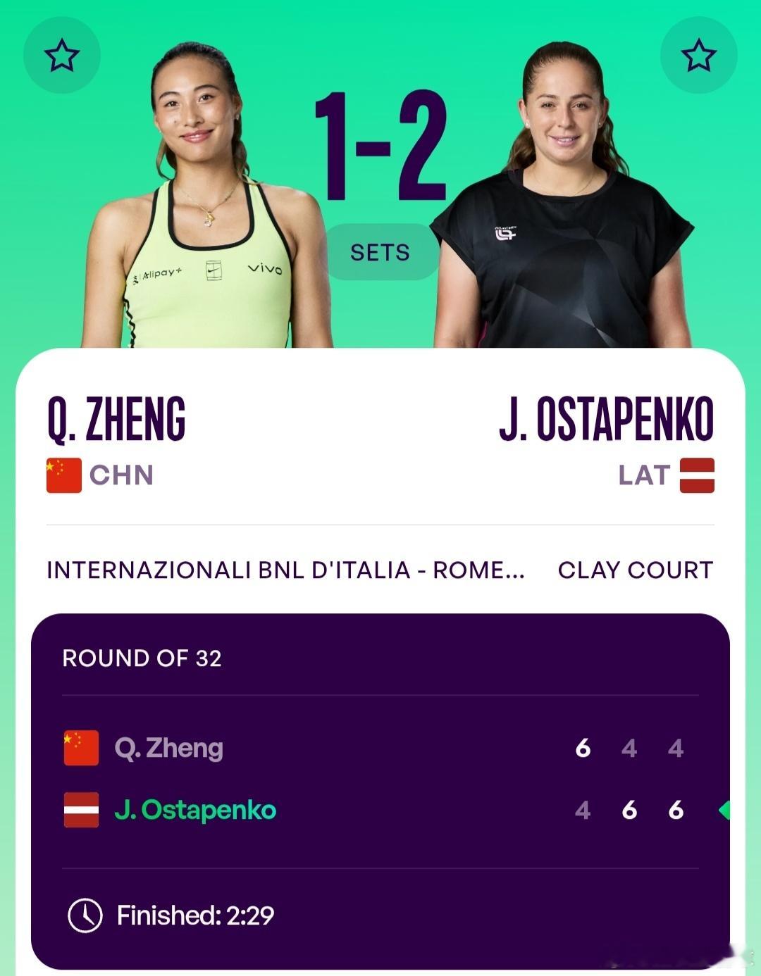 WTA1000罗马站🇮🇹女单第3轮郑钦文🇨🇳6-4/4-6/4-6不敌奥