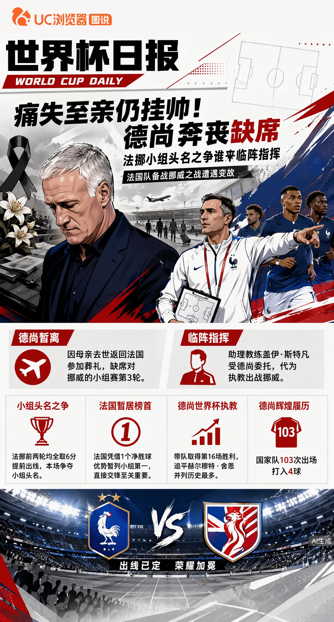 痛失至亲仍挂帅！德尚奔丧缺席，法挪小组头名之争谁来临阵指挥