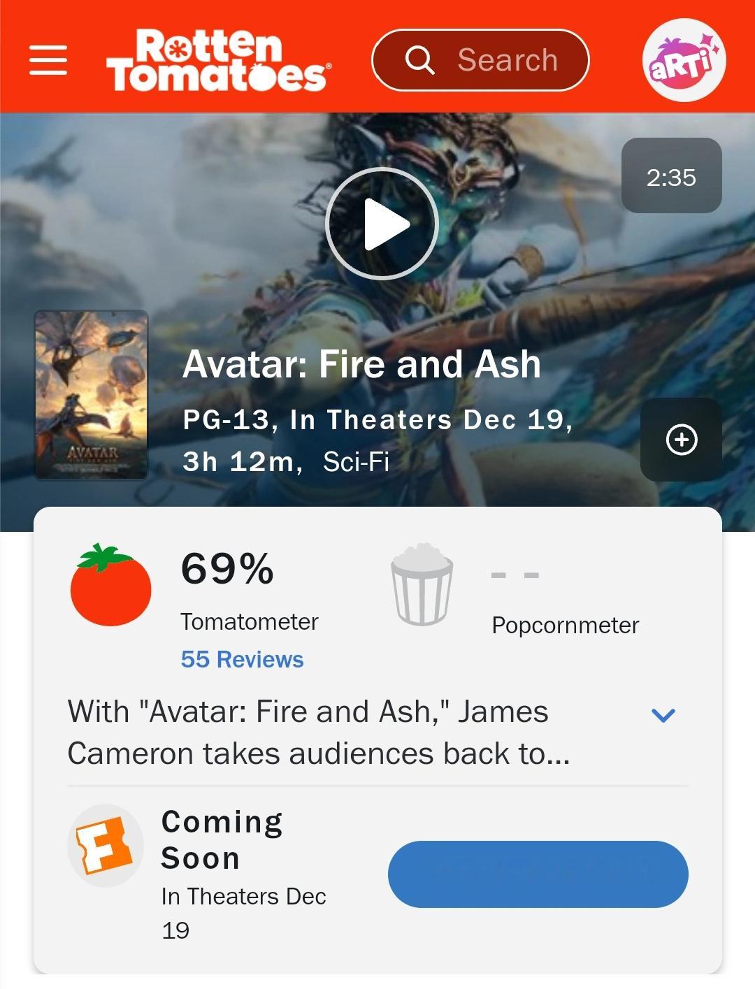 《阿凡达3》北美口碑解禁，创下系列三部最差口碑。《阿凡达》烂番茄81%M