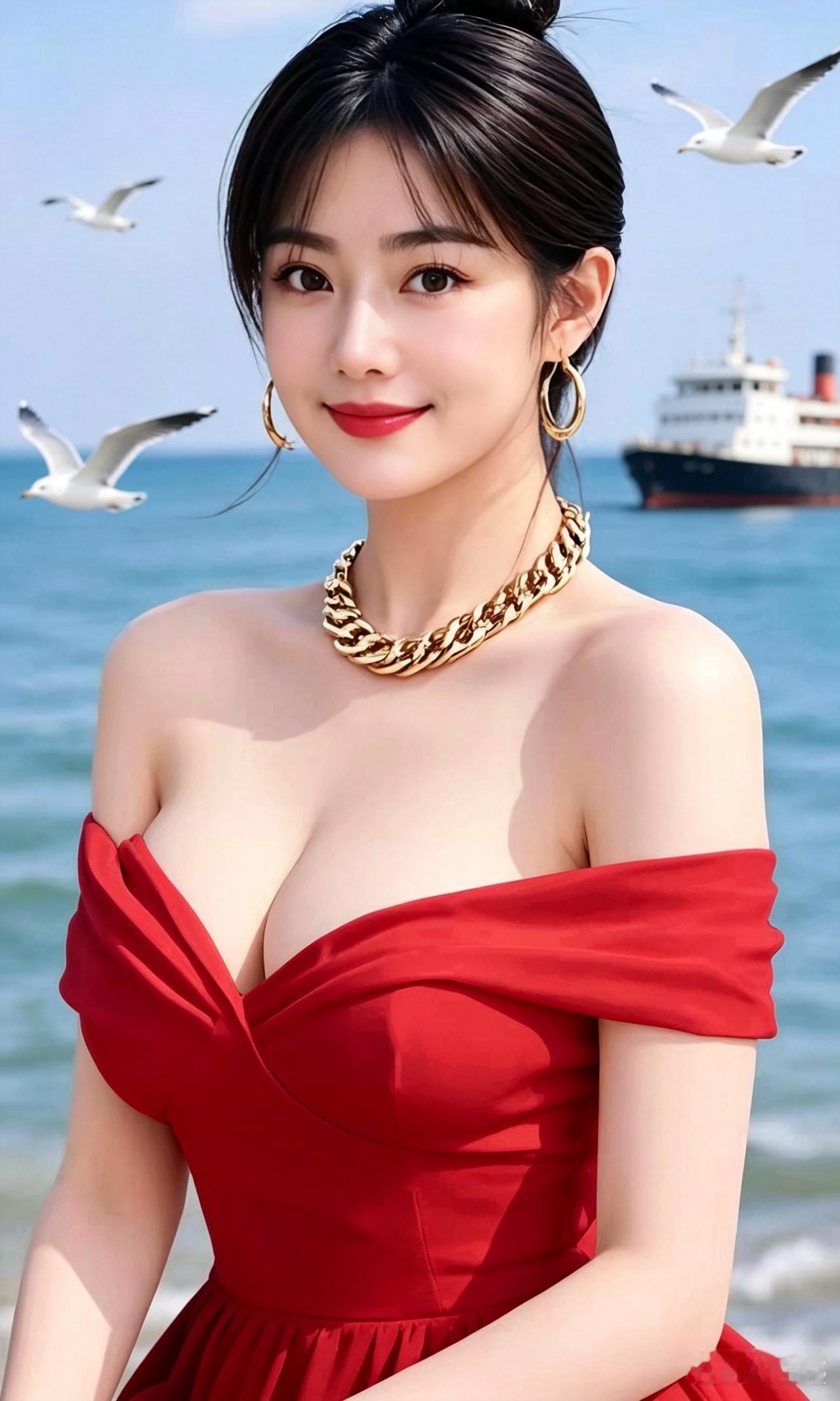 海滩丽影碧海悠悠映远天，海风拂面意悠然。高盘云髻容颜俏，环佩金饰衬雅