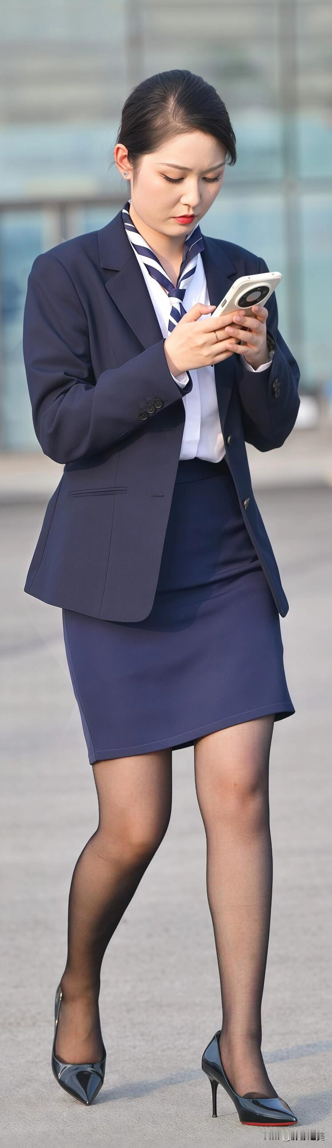 藏青色职业套裙干练大气，搭配丝巾点缀，黑丝配尖头高跟鞋，妥妥的职场通勤风。端庄又