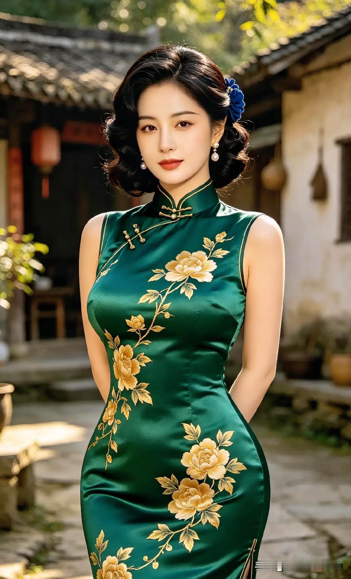 翠色旗袍金缕绣，庭院深深处，回眸浅笑。古典气韵与温婉风华交织，尽显东方雅致之美。