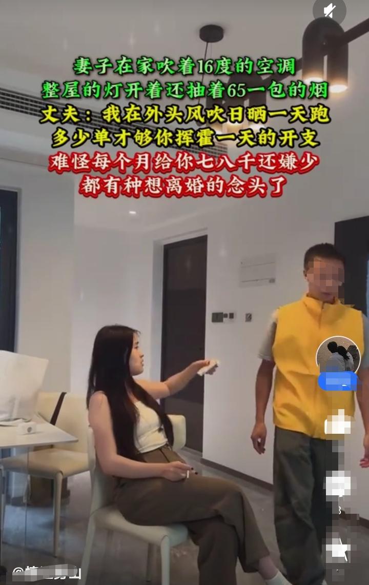 结婚已经一年了！女人一直待在家里没有出去找工作！每天吹着16度的空调，抽着65元
