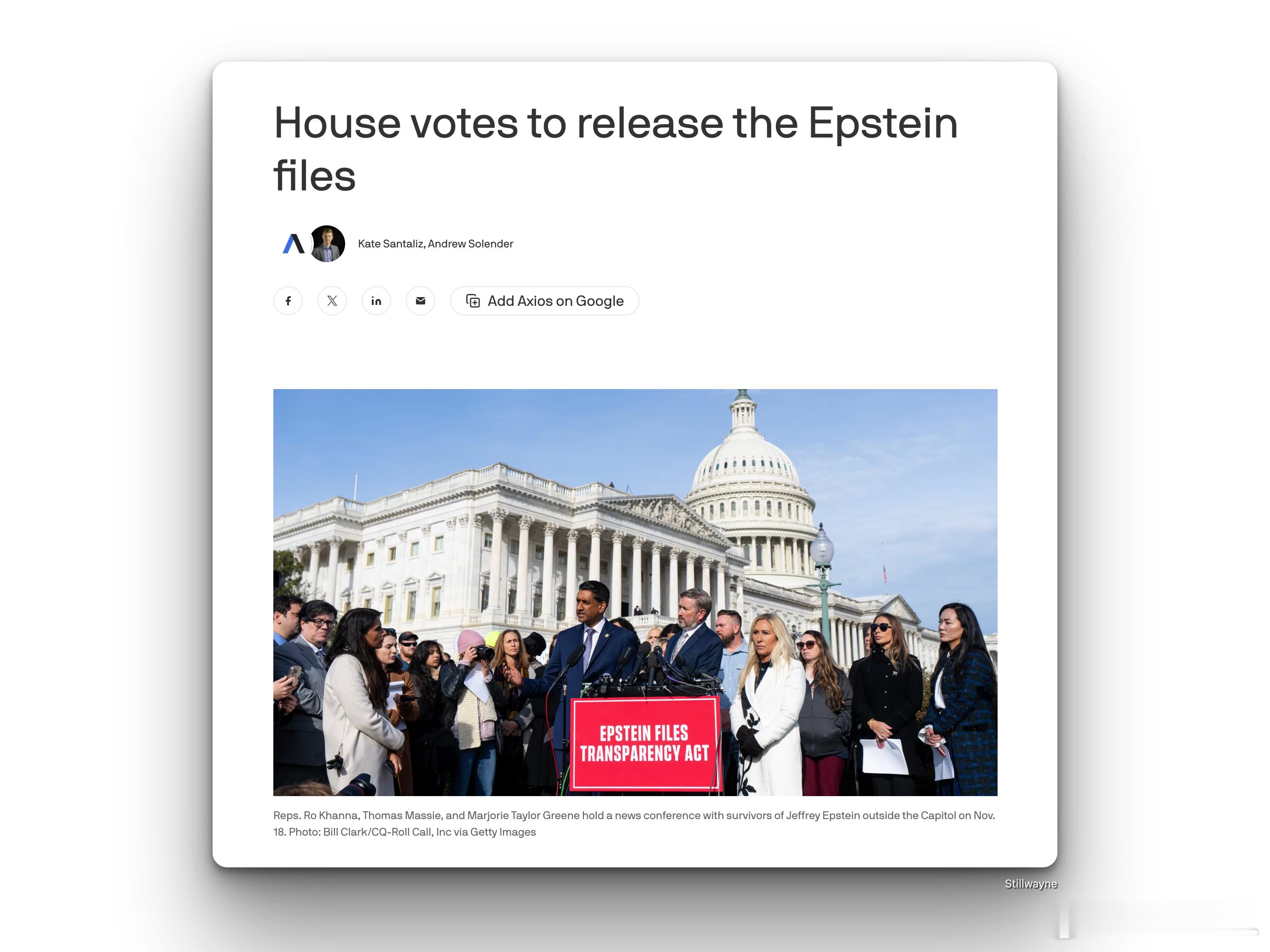 427-1，众议院投票决定公开爱泼斯坦档案，路易斯安那州共和党众议员克莱·希金斯