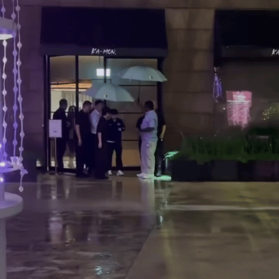 莎莎外出，酒店工作人员和安保人员都在保护，还有人帮忙打伞，莎莎其实是想自己打伞