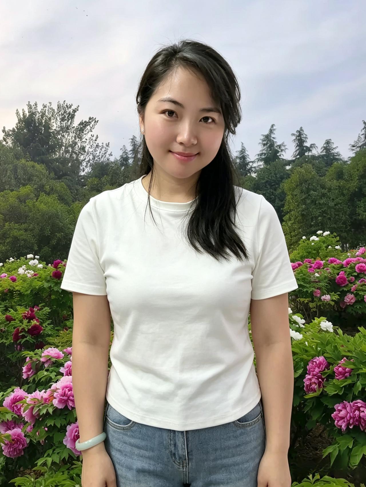 牡丹丛中立娉婷，翠影繁花映玉容。浅笑嫣然含雅致，清风一缕送香浓。