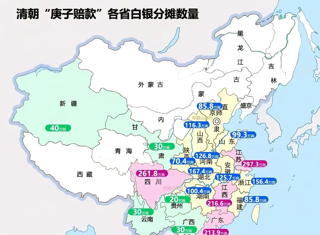 这张图展示了清朝“庚子赔款”各省分摊的白银数额，反映了晚清财政危机下中央与地方的