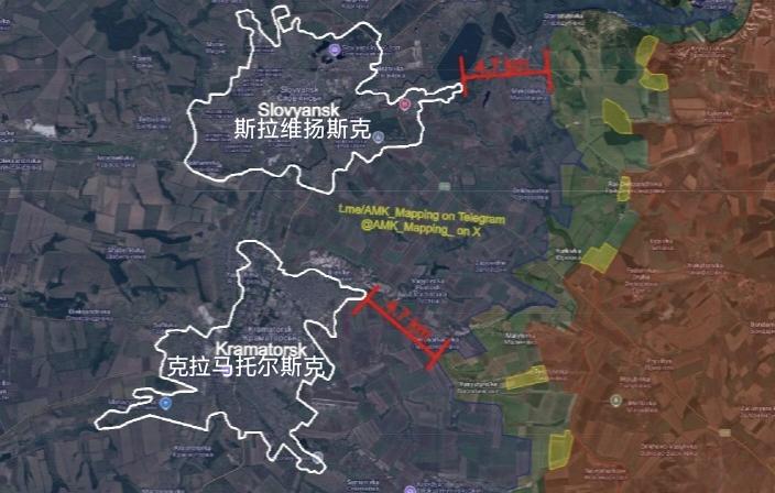 俄军南部集群前沿阵地距离双子城的边缘都是4.7公里左右。现在，俄军联合火力对双子
