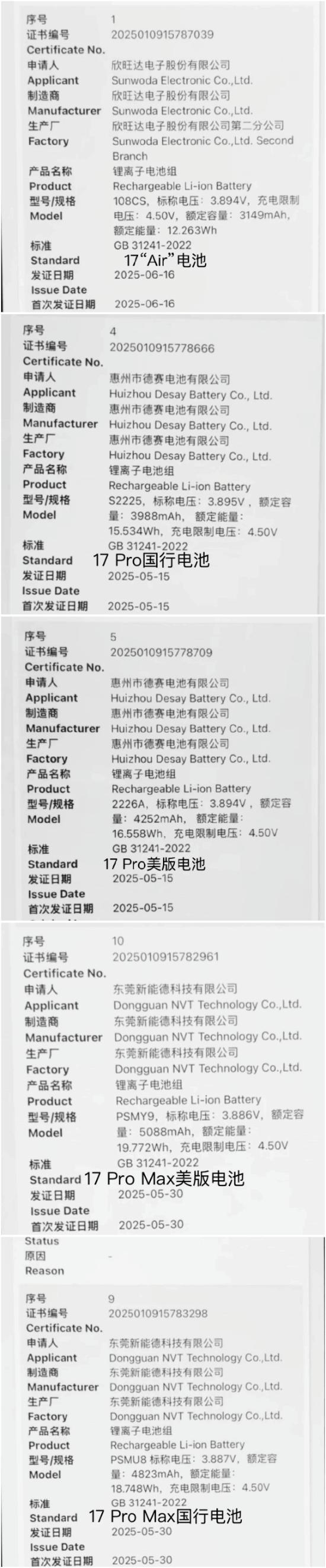 iPhone17系列国行版的电池容量曝光了（靠谱版），具体如下：iPhone
