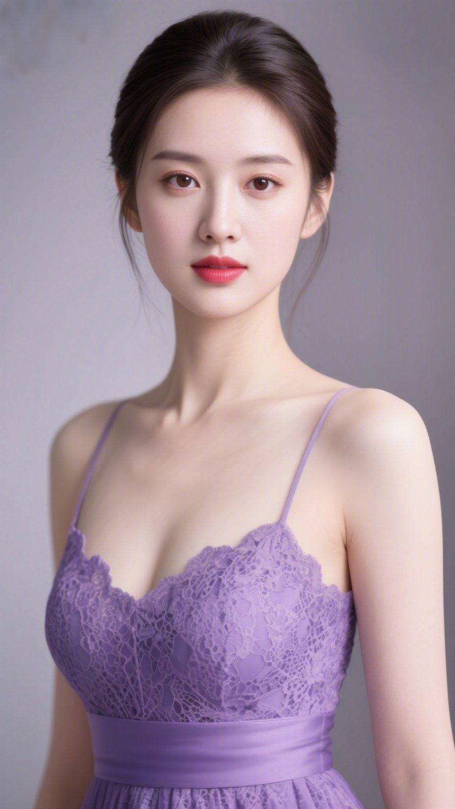 紫裙裹柔光浅灰背景似晕开的烟，衬得她肩线舒展如流云。淡紫蕾丝织成裙身