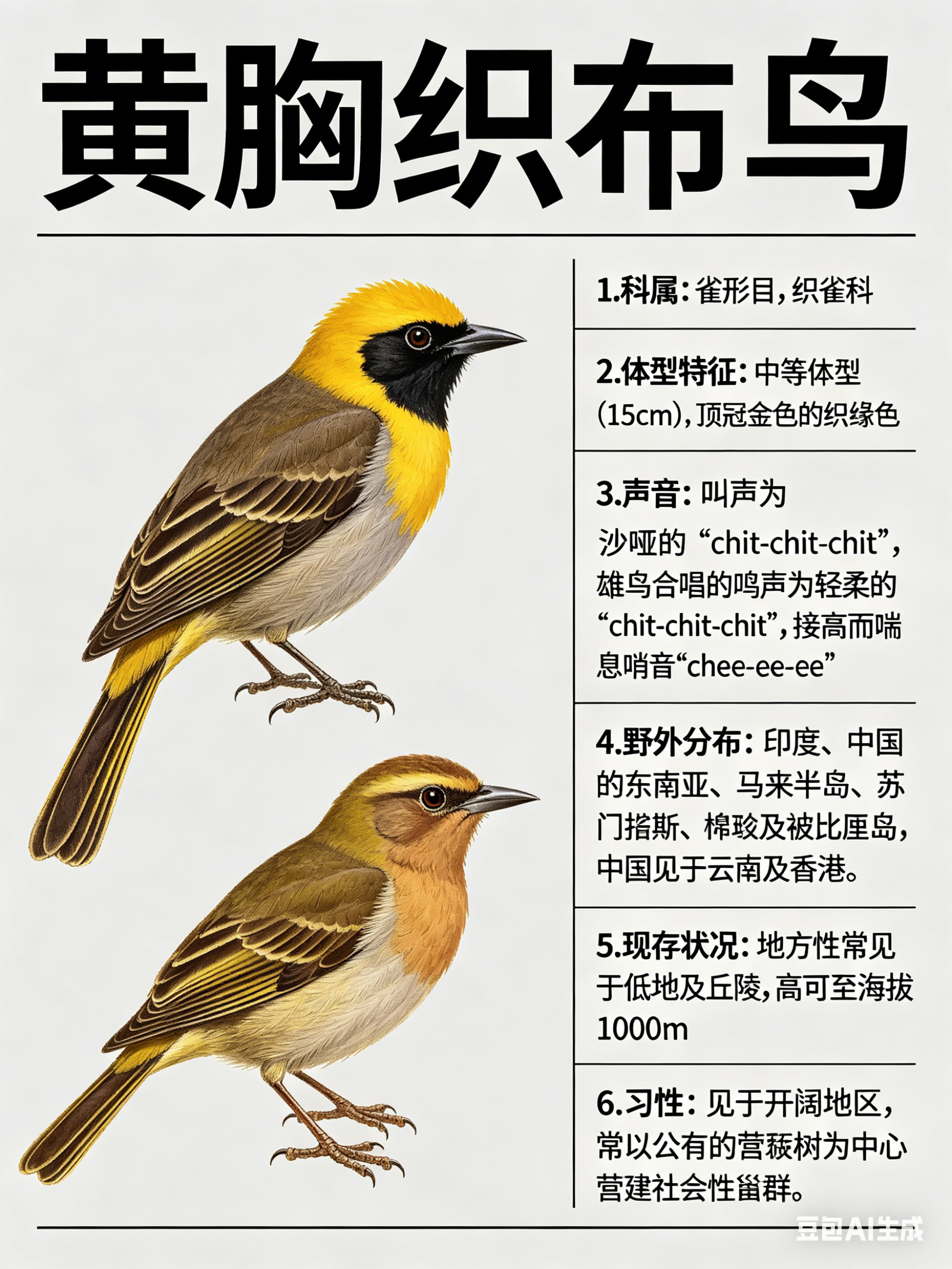 鸟类朋友图鉴黄胸织布鸟·科属：雀形目，织雀科。·外形特征：中等体型（15cm）